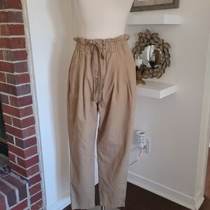 Tan High-Waisted Paperbag Pants Button Front Pleats Pockets Large Zenana